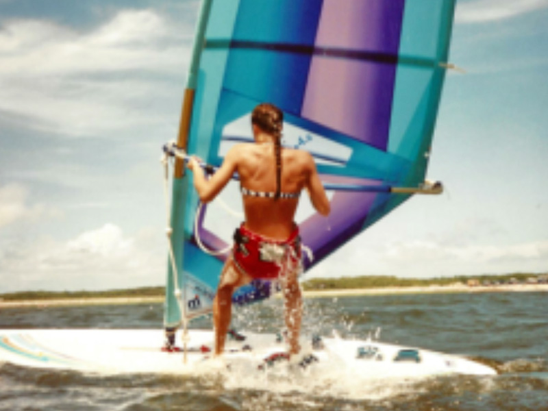 Astrid Hendren windsurfing on a Mistral Malibu of the coast of Cape Cod Massachusetts.